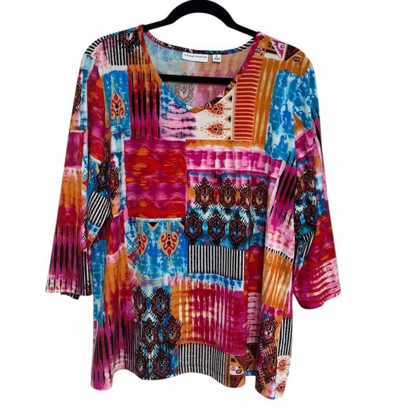 Susan Graver Tops - Susan Graver Liquid Knit Bright Multicolor Abstract V-Neck Shirt - Size XL